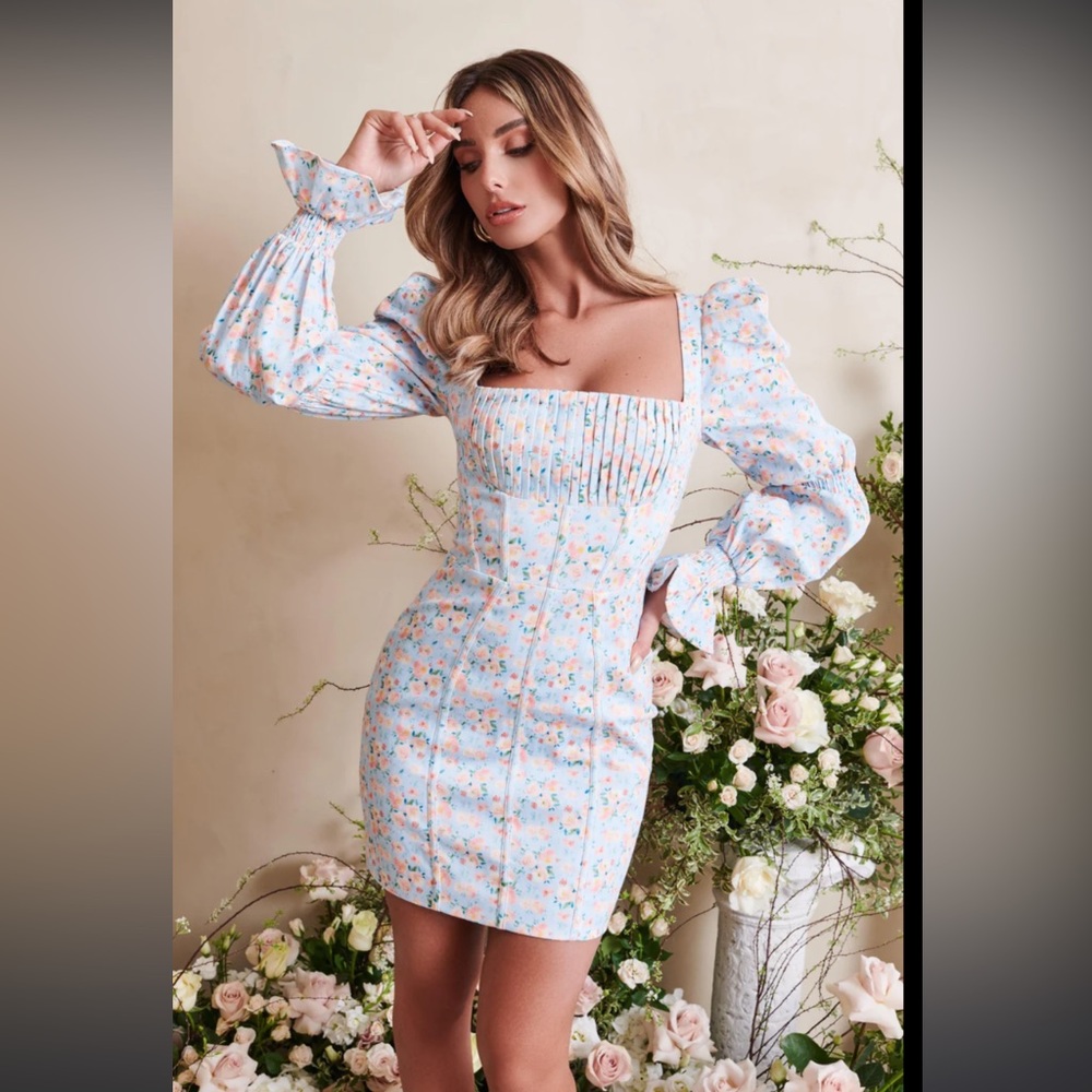Lavish Alice Charles Balloon sleeve blue mini dress.